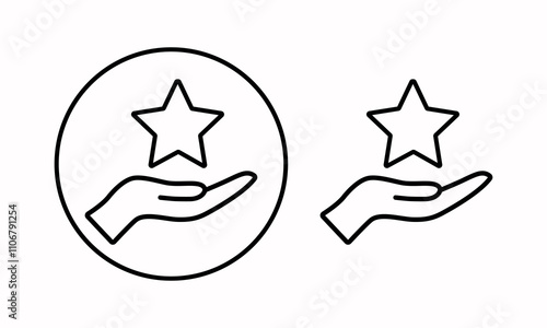 The icon of the hand holding the star.A set of star icons in your hand. Hands holding the star badge. Hands holding the icon in a flat and linear style - stock vector image.