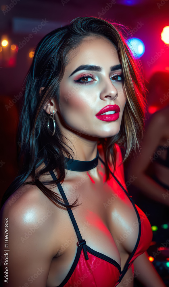 Portrait of a stunning woman dancing in a nightclub, glowing under neon lights, capturing the party spirit for DJ and music visuals. Portrait of a stunning woman dancing in a nightclub, glowing under neon lights, capturing the party spirit for DJ and music visuals.