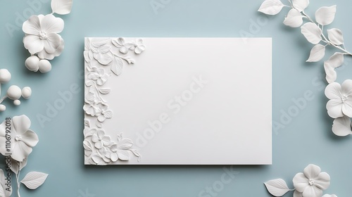 Elegant 3D Floral Embossing Wedding Invitation Mockup on Soft Blue Background for Elegant Events and Special Occasions, Perfect for Personal and Professional Use