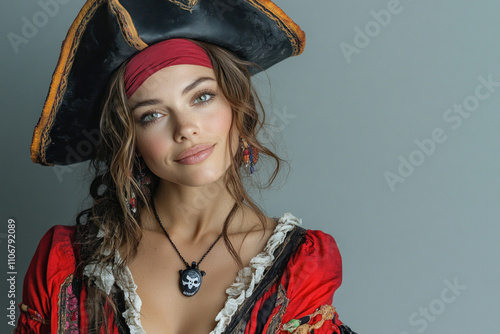 Woman in a pirate costume holding a sword on a ship deck, looking out to sea with determination. Sun setting in the background, creating a dramatic atmosphere. photo