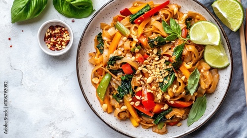 A vibrant plate of vegetable pad kee mao stir-fry with flat rice noodles, bell peppers, and Thai basil photo