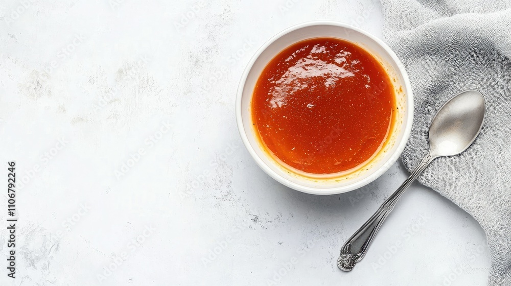 A bowl of glossy orange sauce on a light background with a silver spoon nearby. A bowl of glossy orange sauce on a light background with a silver spoon nearby.