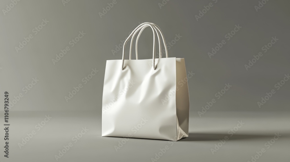 A crumpled white paper shopping bag with handles on a gray background. A crumpled white paper shopping bag with handles on a gray background.