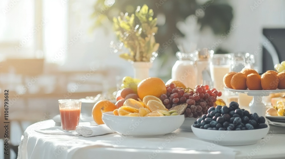 A bright breakfast table featuring an array of fresh fruits and drinks in a cozy setting. A bright breakfast table featuring an array of fresh fruits and drinks in a cozy setting.