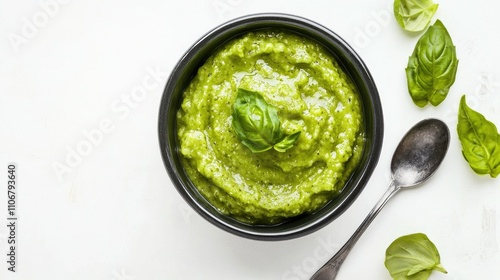 A bowl of vibrant green pesto garnished with fresh basil leaves.