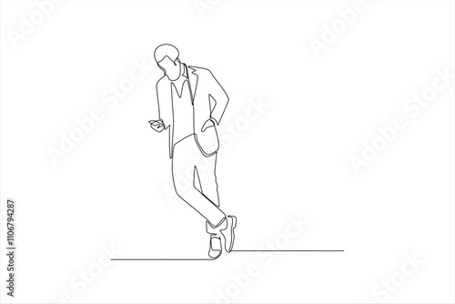 Single-line drawing of man in suit using phone.
