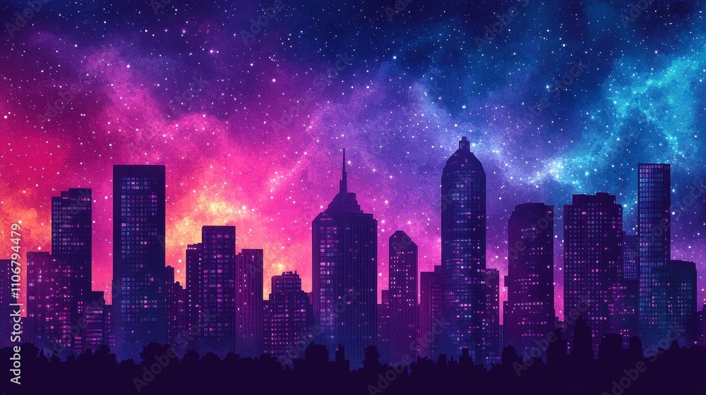 A City Skyline Under a Vivid, Starry Night Sky A City Skyline Under a Vivid, Starry Night Sky