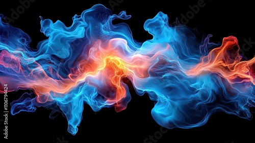 Abstract swirling colors of blue, orange, and red on a black background.