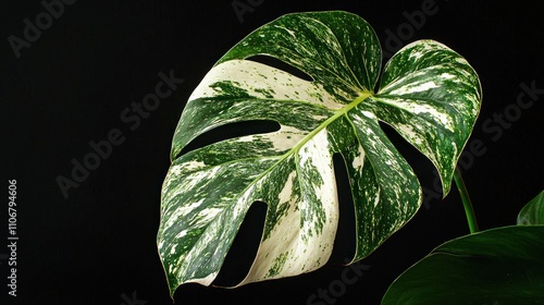 A rare variegated monstera variegata leaf with its mix of green and white, displayed against a black background