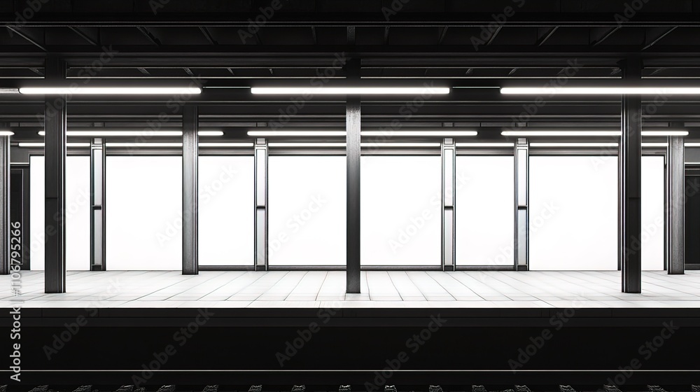 Blank advertisement space on subway platform with white background. Blank advertisement space on subway platform with white background.