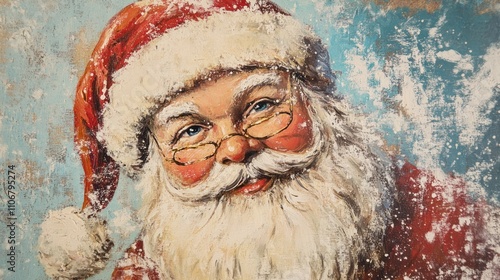 Hand-painted Santa Claus on a vintage canvas wall hanging