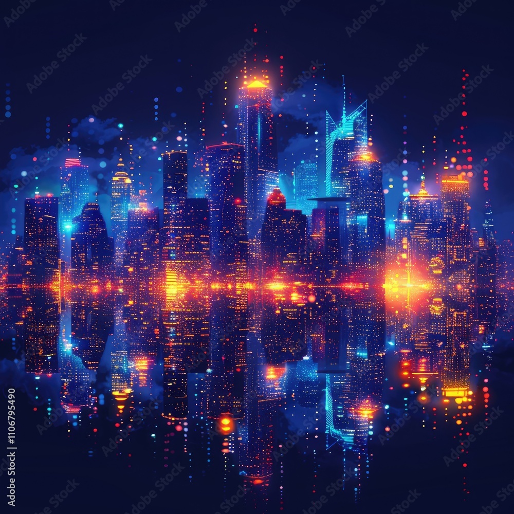 Obraz premium A vibrant city skyline at night, illuminated by colorful lights and reflections in water.