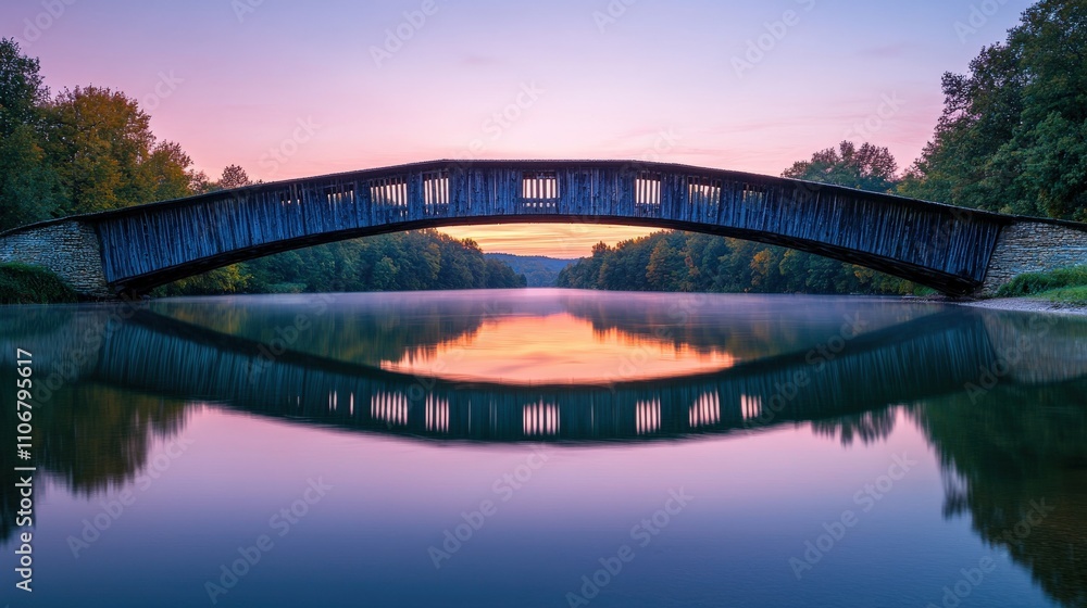 Fototapeta premium A serene bridge arches over still water, reflecting the colors of a twilight sky, surrounded by lush greenery.