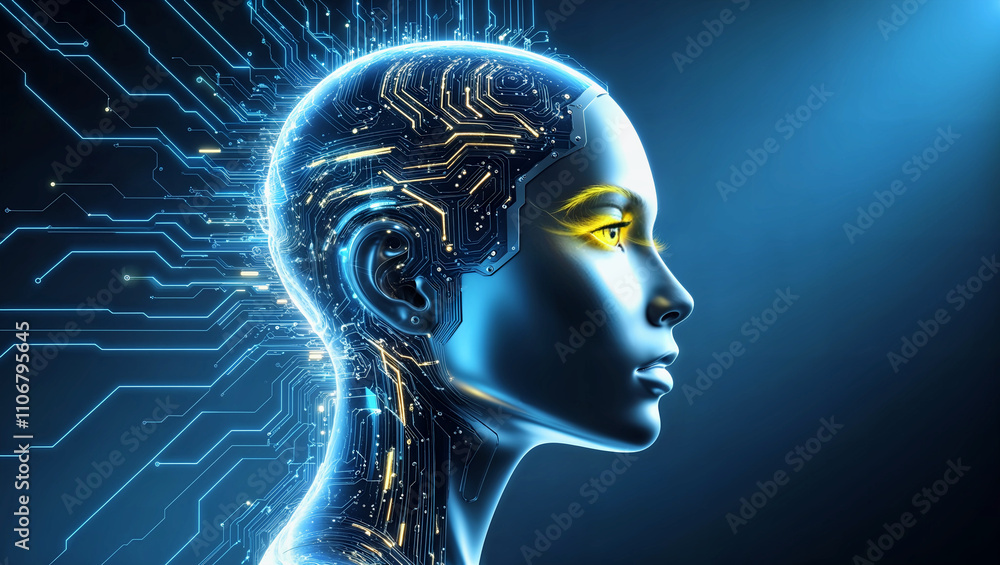Advanced humanoid head featuring glowing blue and yellow eyes with neon neural patterns. Generative AI Advanced humanoid head featuring glowing blue and yellow eyes with neon neural patterns. Generative AI