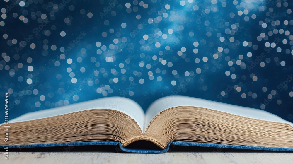 An open book rests on a surface, with a shimmering starry background, creating a magical and contemplative atmosphere. An open book rests on a surface, with a shimmering starry background, creating a magical and contemplative atmosphere.