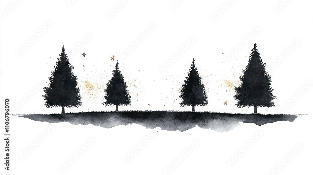 Obraz premium Hand-Drawn Black Christmas Tree Silhouettes with Gold Stars on White Background