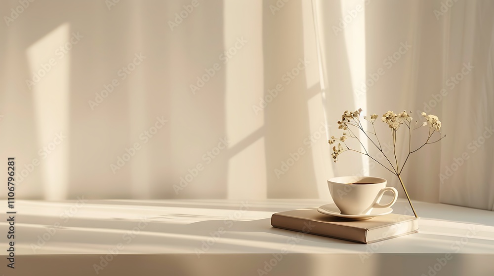 A minimalist scene of coffee a novel and soft sunlight streaming in A minimalist scene of coffee a novel and soft sunlight streaming in