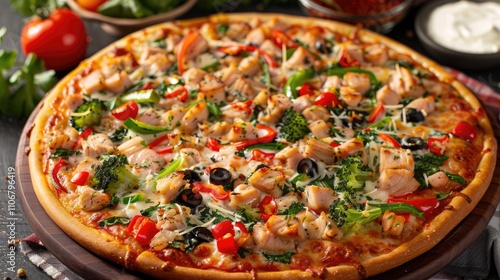 Tuna pizza topped with vegetables and cheese