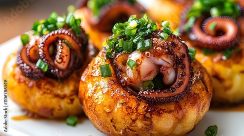 Close up of Takoyaki, a Japanese street food made of octopus, tempura batter and green onions. photo