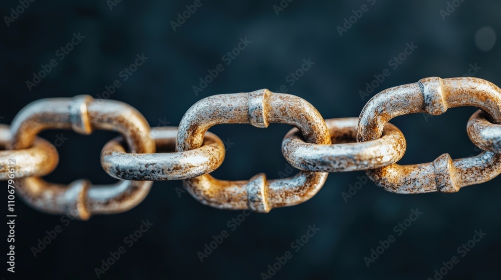 A close-up view of a metallic chain, showcasing its links with a textured, weathered surface against a dark background. A close-up view of a metallic chain, showcasing its links with a textured, weathered surface against a dark background.