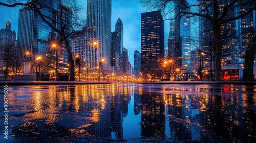 A cityscape at dusk, showcasing skyscrapers and reflections on wet pavement.