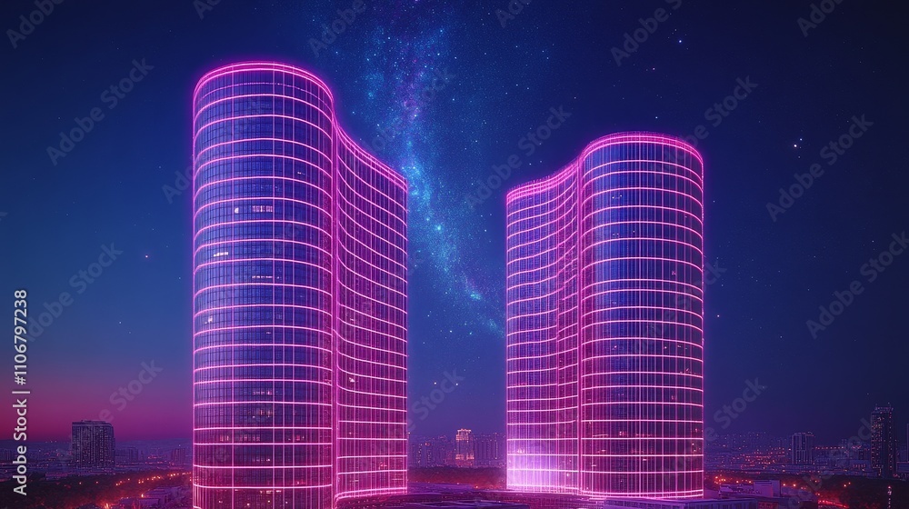 Fototapeta premium Two Modern Illuminated Skyscrapers at Night