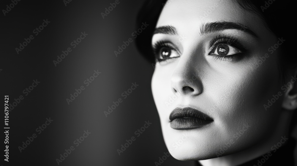 A striking black-and-white portrait of a woman, highlighting her expressive eyes and bold lips, capturing elegance and intensity. A striking black-and-white portrait of a woman, highlighting her expressive eyes and bold lips, capturing elegance and intensity.