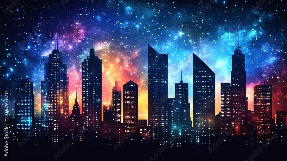 Fototapeta premium Cityscape Under a Vibrant, Starry Night Sky