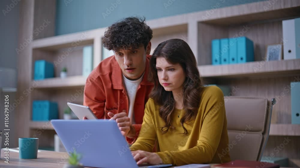 Office partners solving problem at agency workplace closeup. Worried woman man Office partners solving problem at agency workplace closeup. Worried woman man