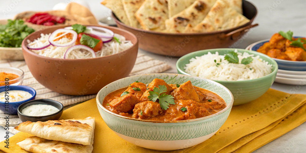 A sumptuous display of Indian traditional cuisine featuring Chicken Tikka Masala. The dish showcases tender pieces of chicken marinated in a blend of aromatic spices and yogurt. A sumptuous display of Indian traditional cuisine featuring Chicken Tikka Masala. The dish showcases tender pieces of chicken marinated in a blend of aromatic spices and yogurt.