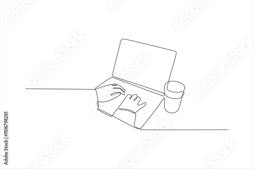 Single line drawing of hands typing on laptop with a cup.