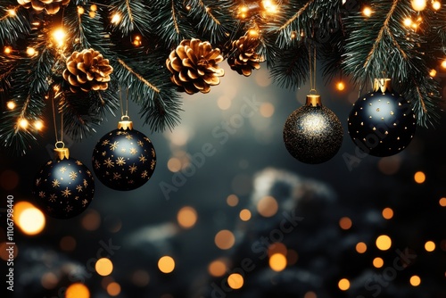 Elegant composition of black and gold gift boxes with ribbons, christmas balls and garlands against a background of golden sparkles. Luxurious Christmas atmosphere.