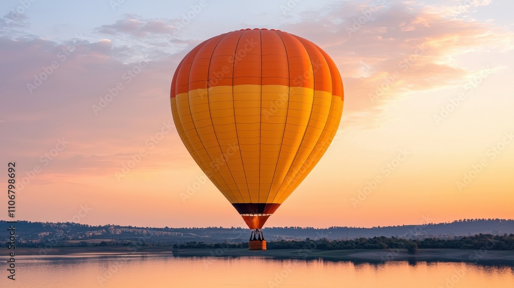 Fototapeta premium A vibrant hot air balloon floats serenely over a calm body of water during a beautiful sunset, creating a picturesque and tranquil scene.