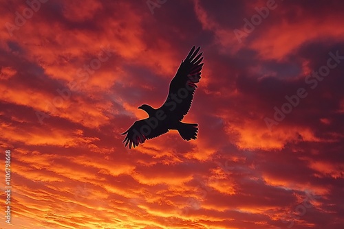 Silhouette of bird flying at dramatic sunset