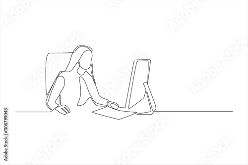 Single line drawing of woman working on computer.