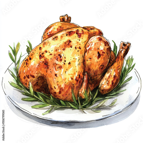 Roasted chicken watercolor clipart illustration