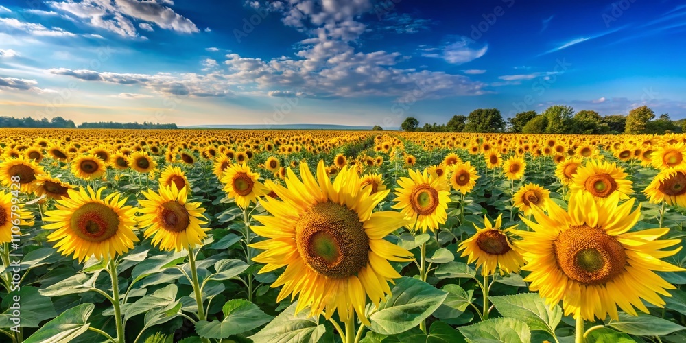 Obraz premium Captivating Panoramic View of a Vibrant Sunflower Field with Abundant Sunflower Seeds Under a Bright Blue Sky, Perfect for Agriculture and Nature Enthusiasts
