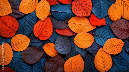 A vibrant arrangement of autumn leaves in shades of orange, red, and blue.