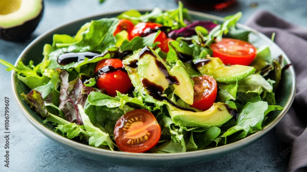A vibrant salad bowl filled with mixed greens, cherry tomatoes, and avocado slices A vibrant salad bowl filled with mixed greens, cherry tomatoes, and avocado slices