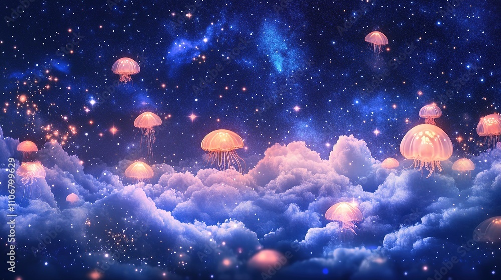 Fototapeta premium Glowing jellyfish floating in a cosmic starry meadow