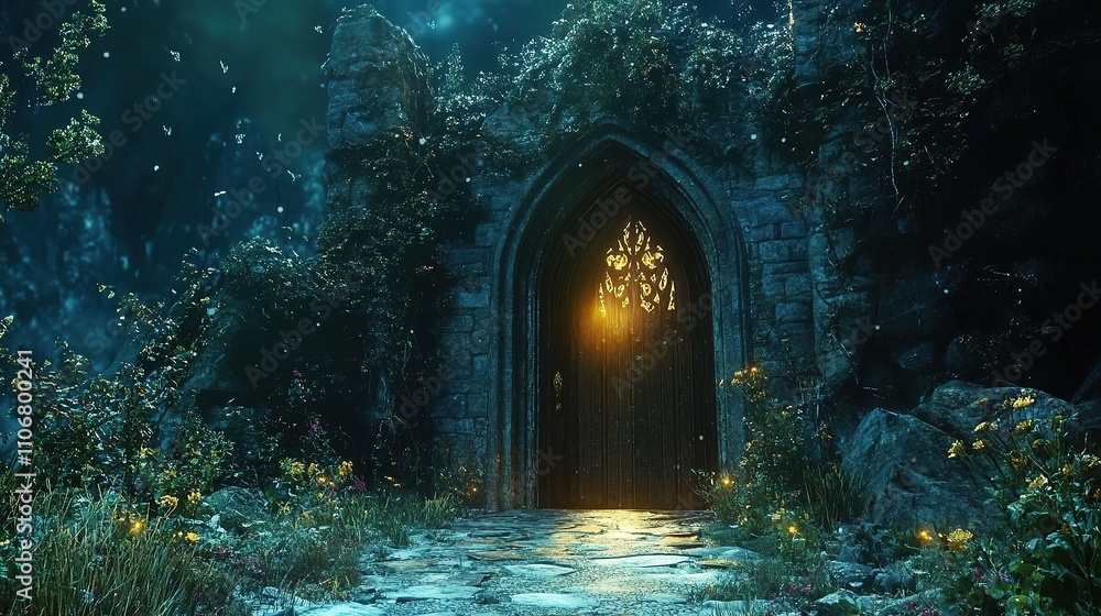 Fototapeta premium Mystical glowing door in dark enchanted forest