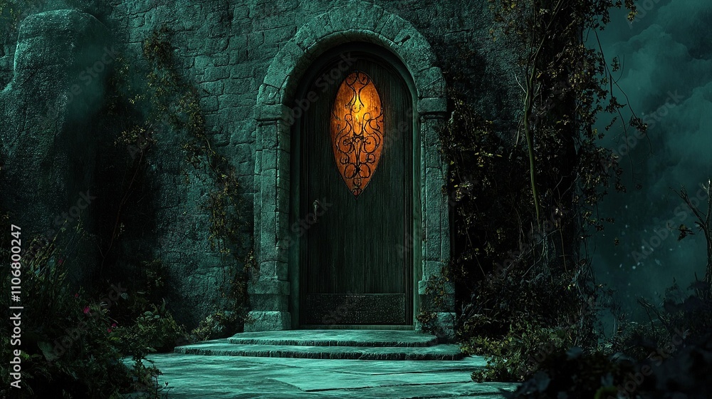 Mystical glowing door in dark enchanted forest Mystical glowing door in dark enchanted forest