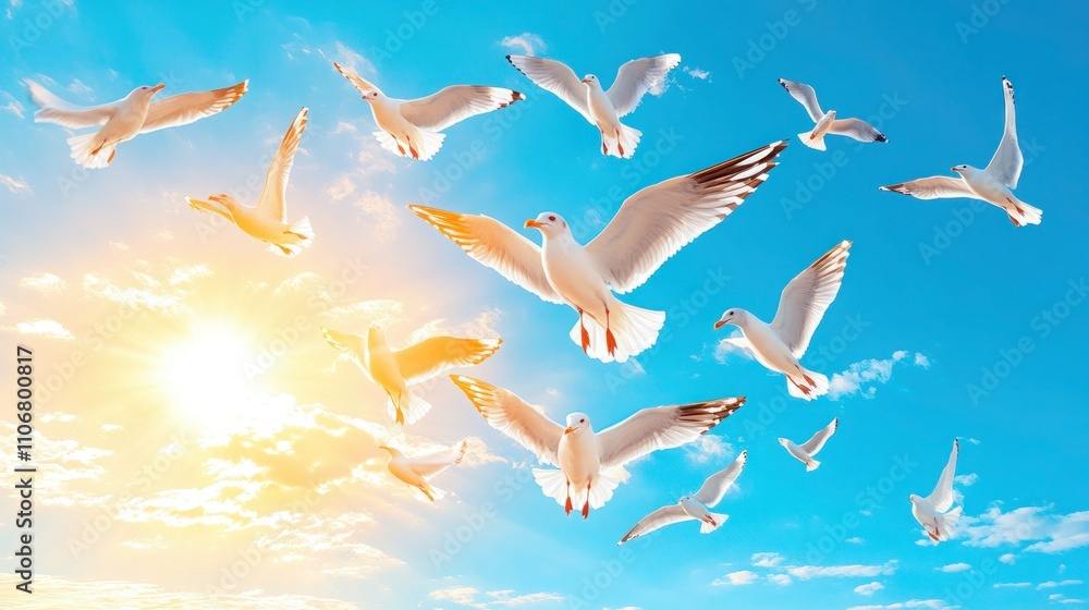 Obraz premium Seagull Flock Soaring Above Ocean Waves