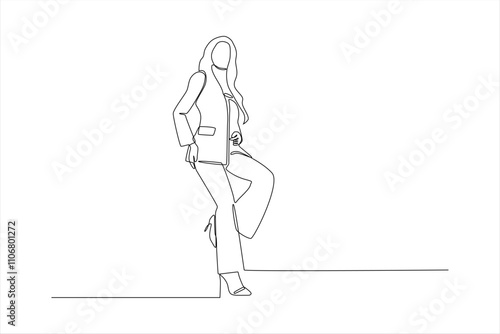 One-line drawing of a woman in pantsuit.