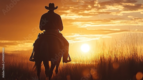 A cowboy riding horseback is silhouetted against a sunset sky, with golden light creating a classic western scene