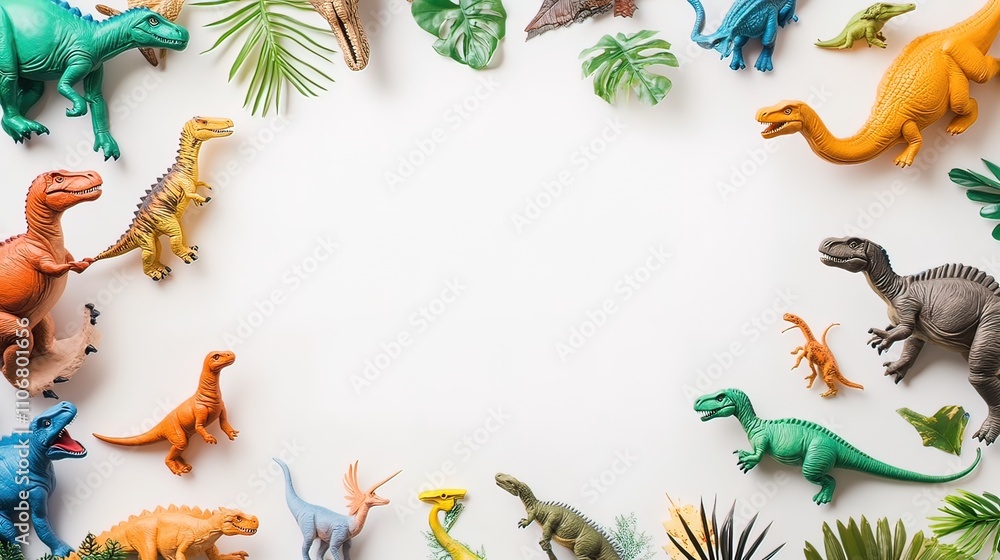 Naklejka premium Colorful dinosaur toys arranged in a frame on a white background with tropical leaves.