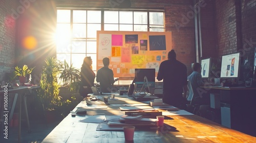 A vibrant workspace buzzes with creatives brainstorming branding ideas amid colorful mood boards. photo