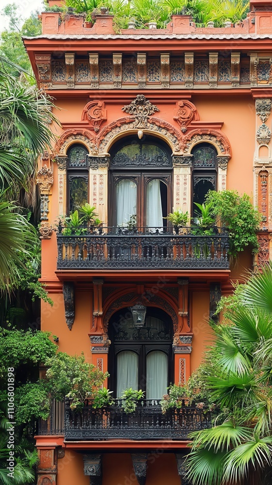 Classic Mediterranean-style building facade with terracotta tones, ornate balconies, and lush greenery Classic Mediterranean-style building facade with terracotta tones, ornate balconies, and lush greenery
