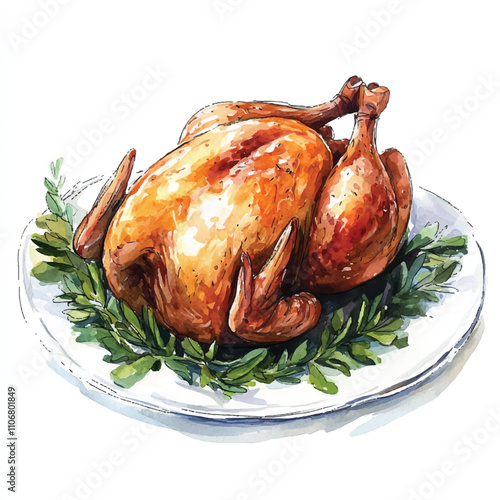 Roasted chicken watercolor clipart illustration