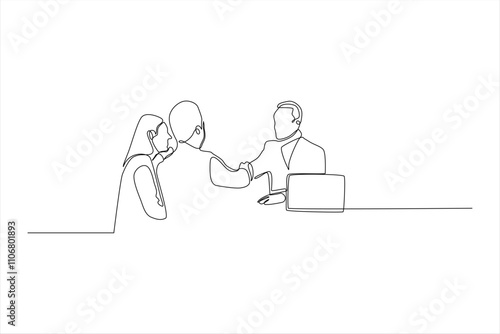 Couple consulting with agent, line art.